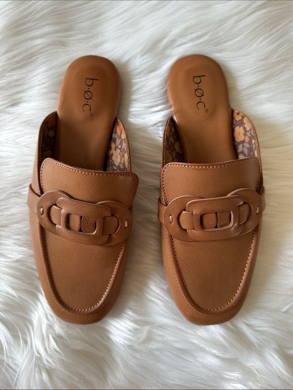 b.o.c. Cognac Slip-On Mule Loafers with Buckle Accent